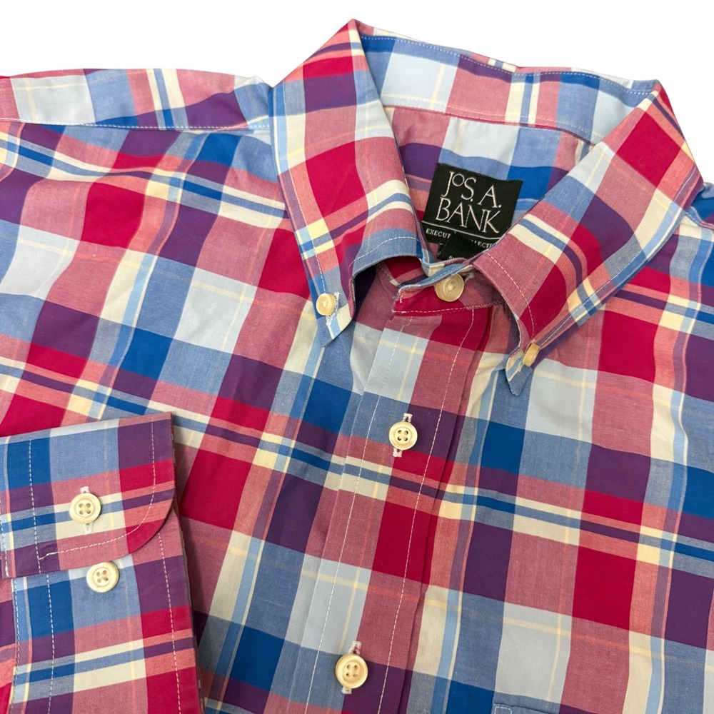Jos. A. Bank Button Down Shirt Mens XL Red Blue Plaid Tailored Fit Cotton Top